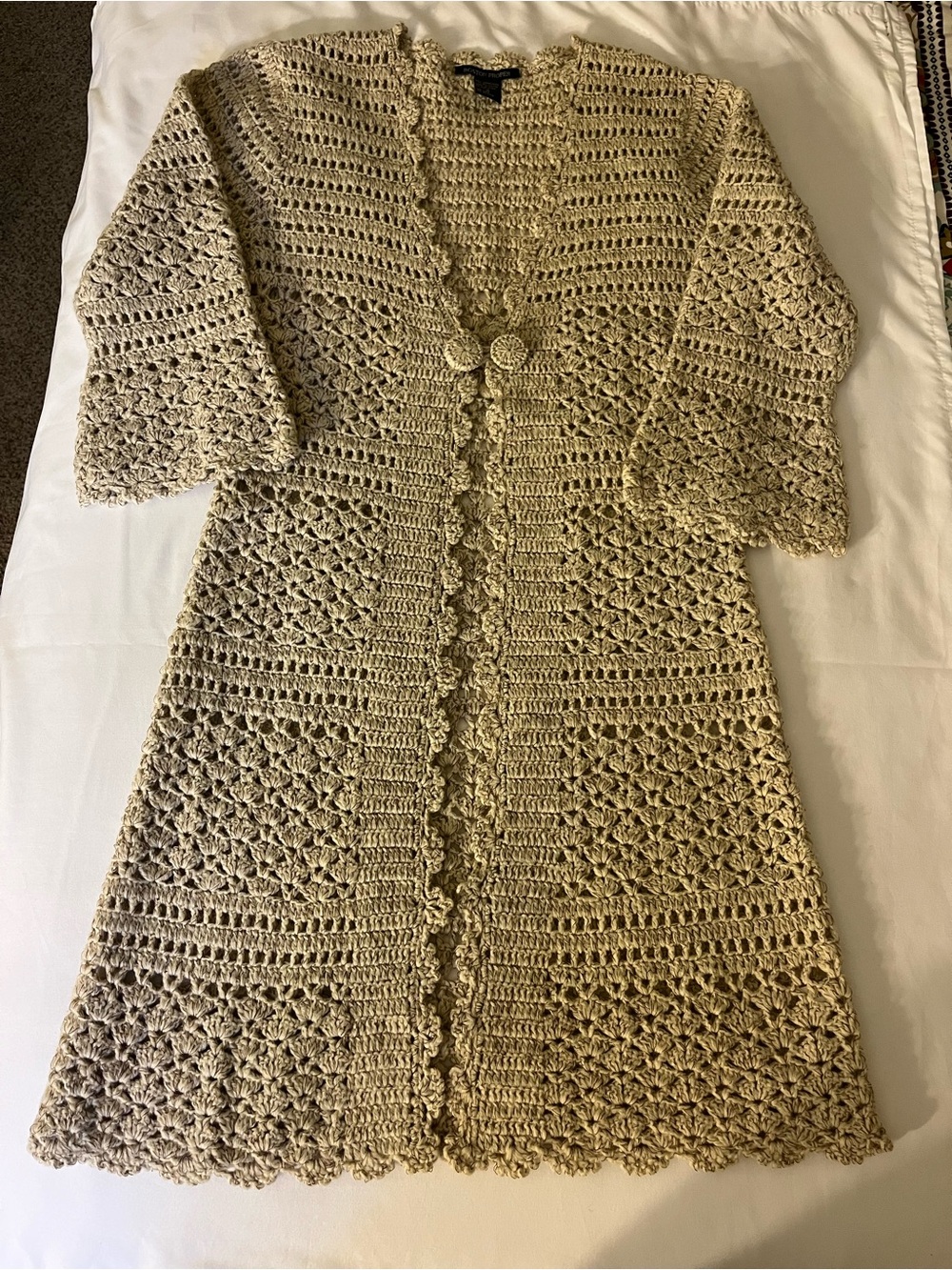 Boston Proper Beige Crochet Knit Long Open Duster